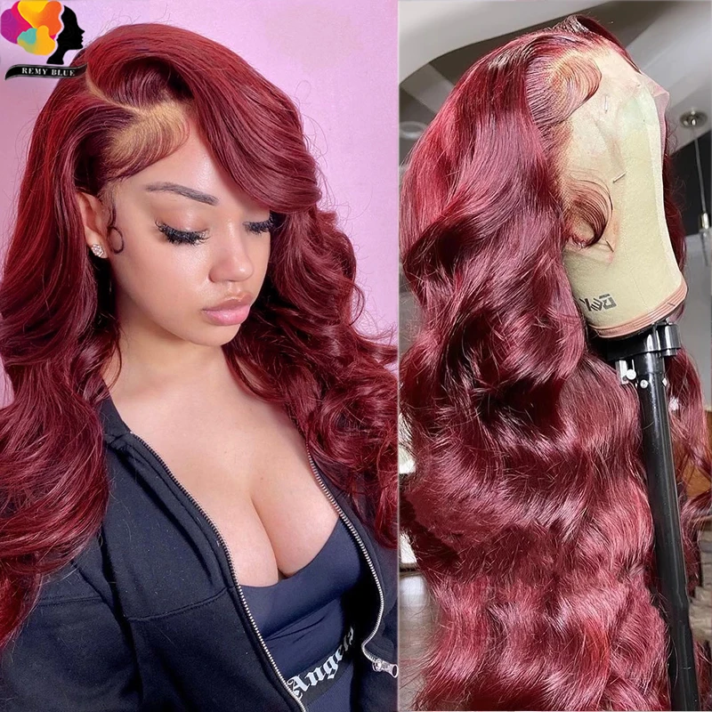 

Burgundy 99J Body Wave Lace Front Wig Indian Red Curly Human Hair Wigs Transparent 13×4×4 Lace Closure Human Hair Wig Baby Hair