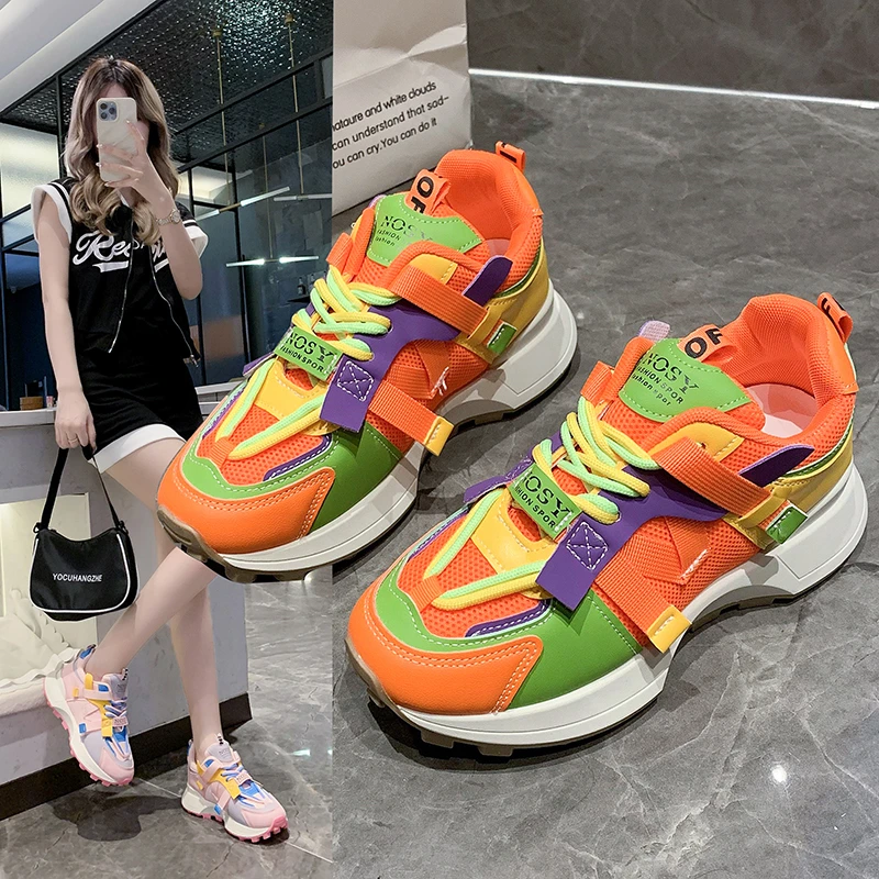 

Rainbow Mesh Ventilated Daddy Shoes Female Color Contrast 2023 Spring Summer New Sports Forrest Gump Shoes Mary Jane Shoes