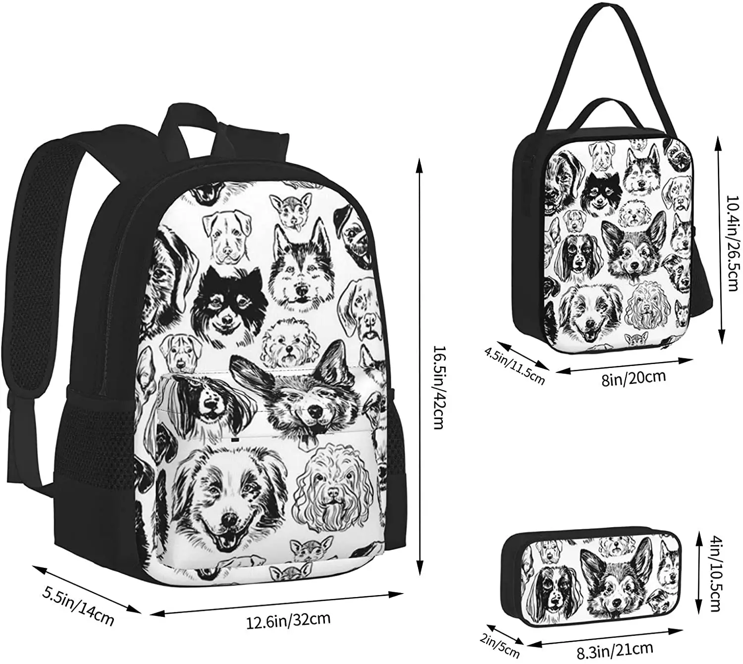 Dogs Black White Backpack Set 3-Piece Teen Boys Girls Backpack Messenger Lunch Bag Pencil Case Set