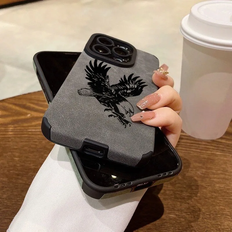 Фото Black Eagle Pattern Leather Silicone Phone Case for iPhone 17 16 15 14 13 12 11 Pro Max 16 Plus Air X XR XS Max Shockproof Cover №4