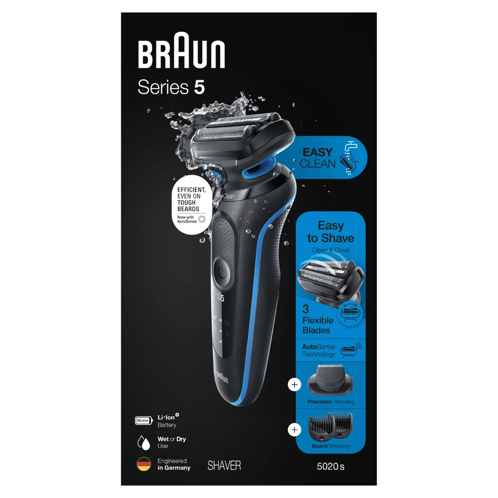 

Braun Series 5 5020s электробритва с триммером для бороды для мужчин, Влажная и сухая, перезаряжаемая, синяя