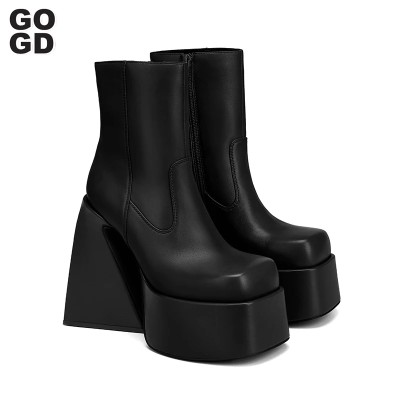 GOGD Brand Ankle Boots Women Thick Platform Black Red Pumps Fashion Sexy High Heels Big Size 43 Female Spring Autumn Short Boots