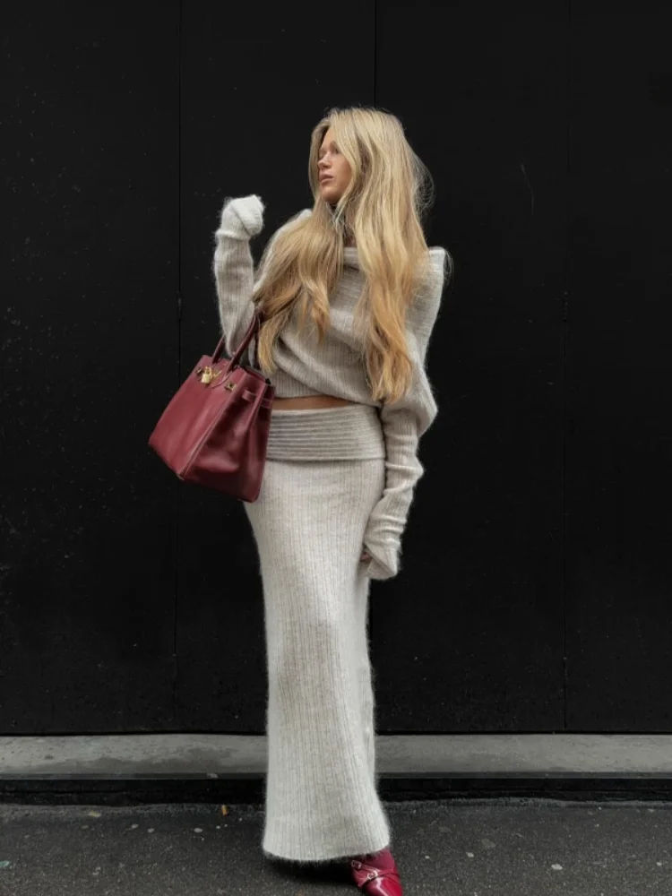 Элегантный однотонный костюм-свитер с длинными рукавами модная трикотажная юбка