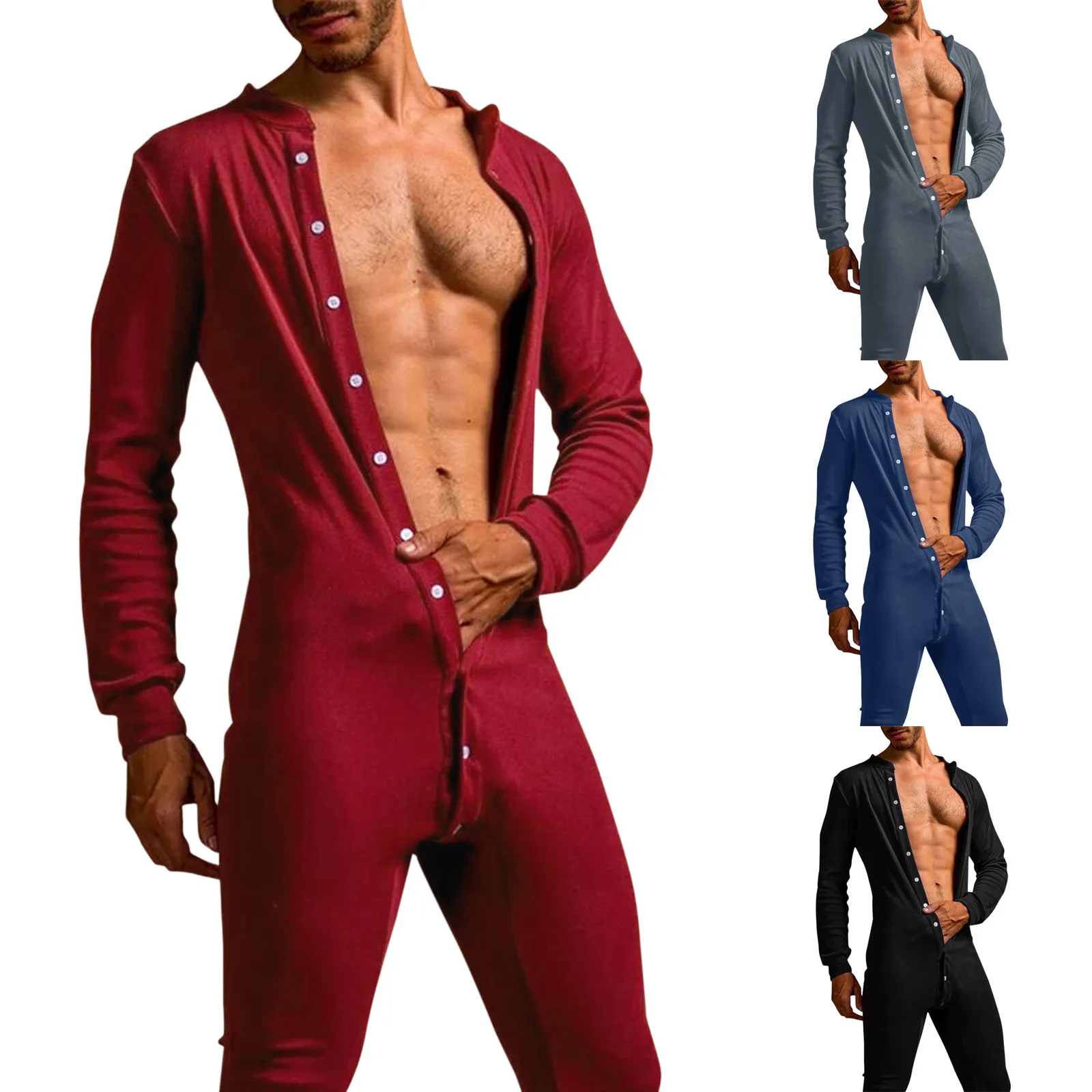 

Men Pajamas Jumpsuit Male Homewear Solid Color Long Sleeve Comfortable Button Leisure Sleepwear Men Rompers Nightwear 2022