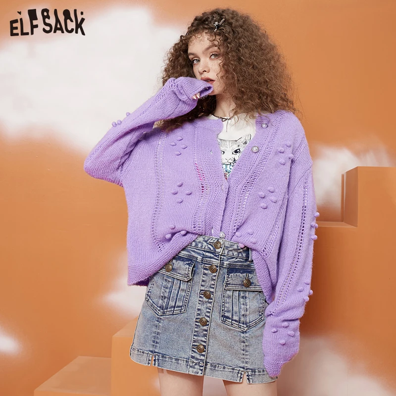 ELFSACK Purple Sweet Knitting Cardigans Women 2023 Spring Long Sleeve Basic Tops