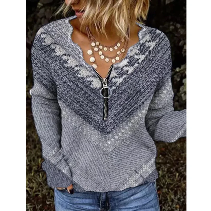 

Sexy Wave V Neck Women Blouse With Zipper Spring Pattern Print Patchwork Tops Pullover Autumn Long Sleeve Shirt Sweatshirt Mujer