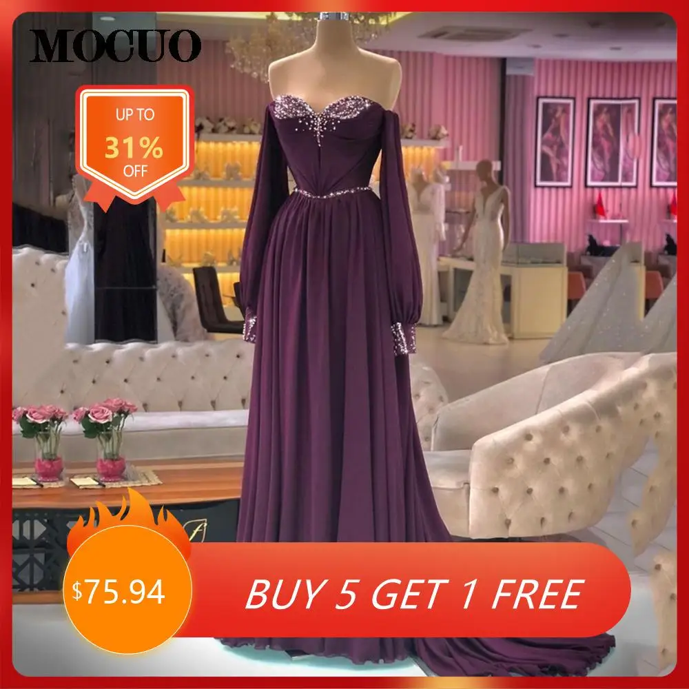 

Шикарное ТРАПЕЦИЕВИДНОЕ платье для выпускного вечера, шифоновое вечернее платье с длинными пышными рукавами и бисером, длинное праздничное платье на шнуровке, 2022 Robe de bal