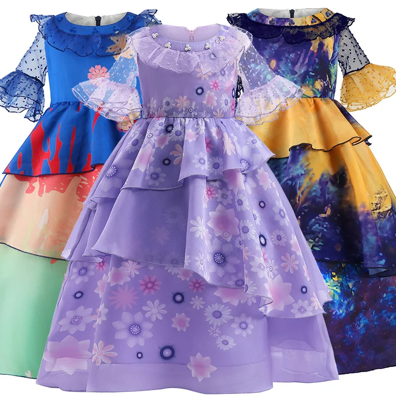 Купи Kids Girls Dress Anime Encanto Cosplay Lsabela Madrigal Cosplay Costume Purple Floral Dresses Girl Birthday Princess Dress Skirt за 1,167 рублей в магазине AliExpress