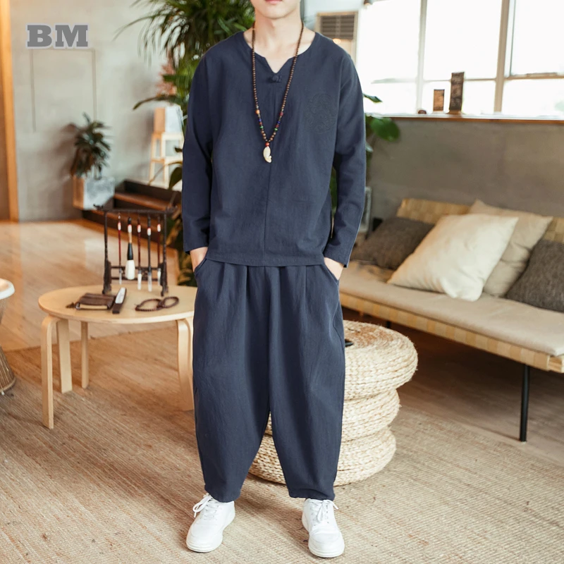 

2022 Spring Summer Fashion Thin Plus Size Two Piece Set Cotton Linen Chinese Traditional Clothing Embroidery Loose Sportswear