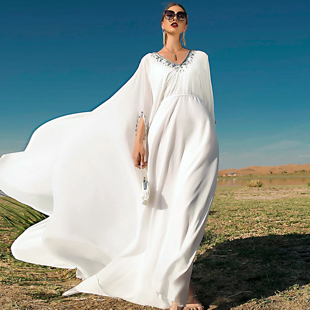 Caftan White Abaya Muslim Dress with Cape Luxury Dubai Dresses for Women Islam Modest Clothes Jalabiya Kaftan Robe Arabe Femme