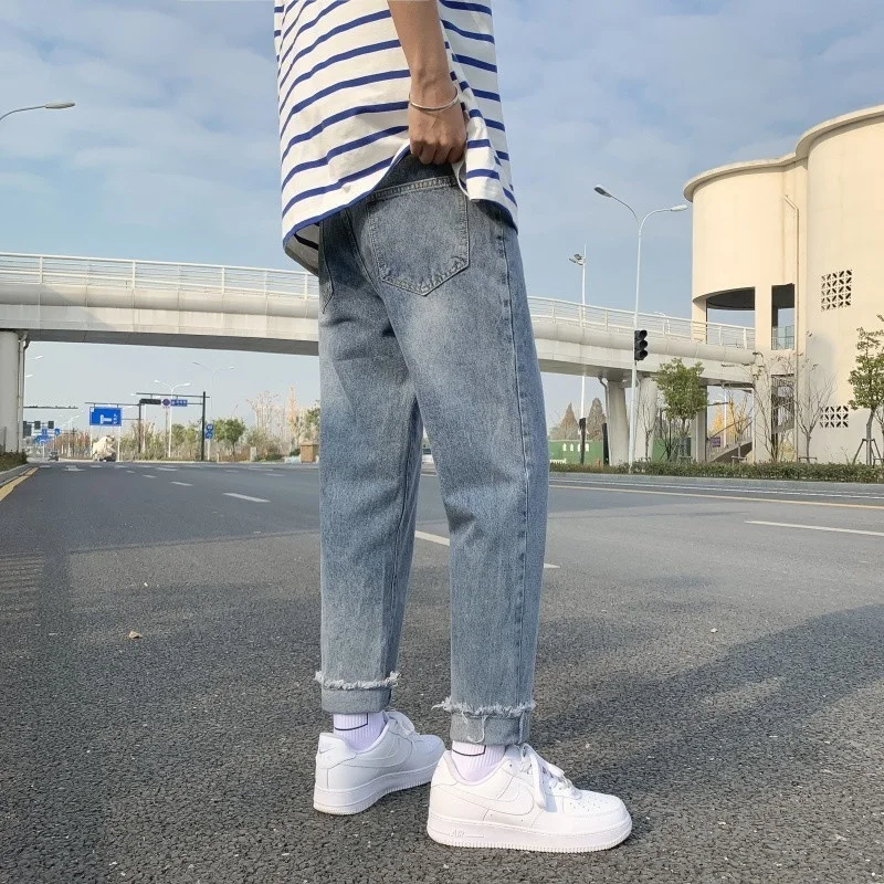Summer Blue/Black Ripped Jeans Men Slim Fashion Casual Straight Jeans Mens Streetwear Hip Hop Hole Denim Pants Mens Trousers