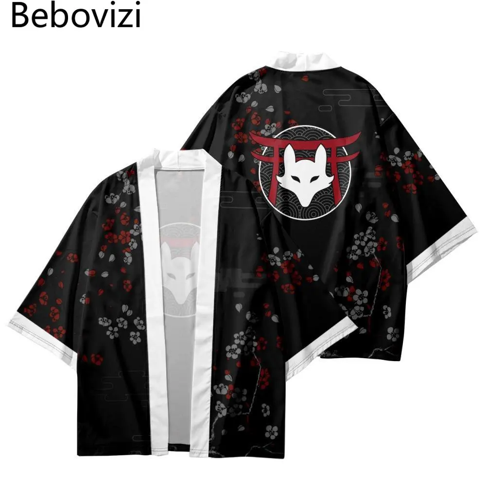 

Plus Size 6XL Women Men Cardigan Beach Yukata Asian Clothing Traditional Japanese Inari God Fox Print Kimono Cosplay Haori Obi