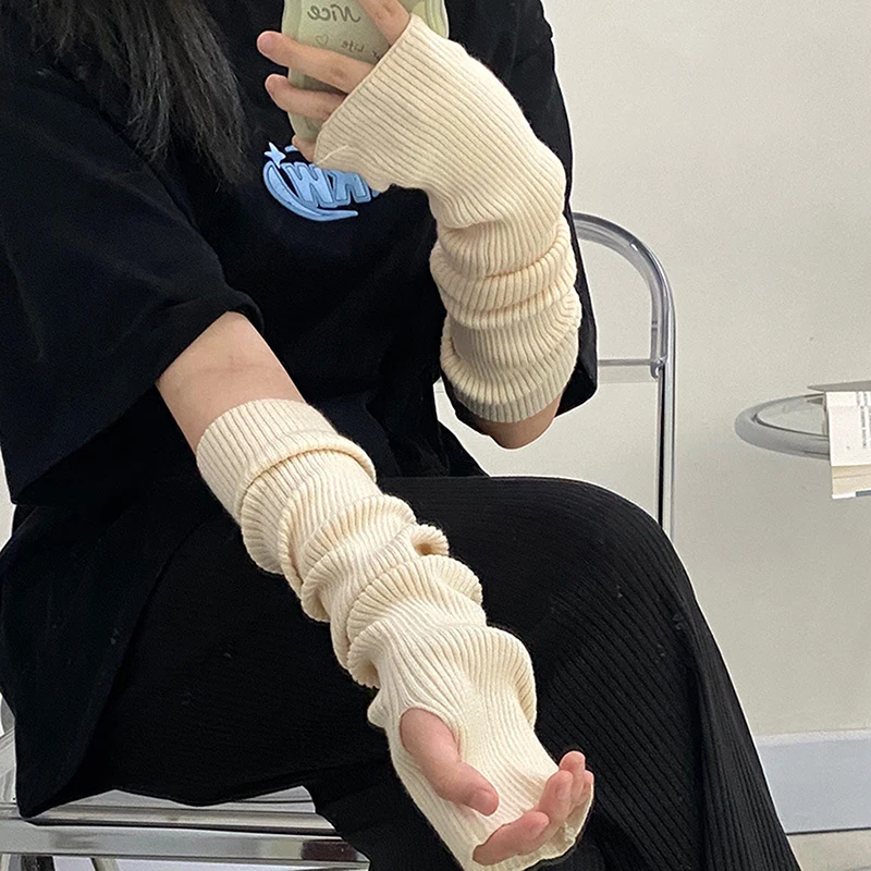 Женские вязаные теплые длинные перчатки без пальцев варежки зимние Y2K однотонные