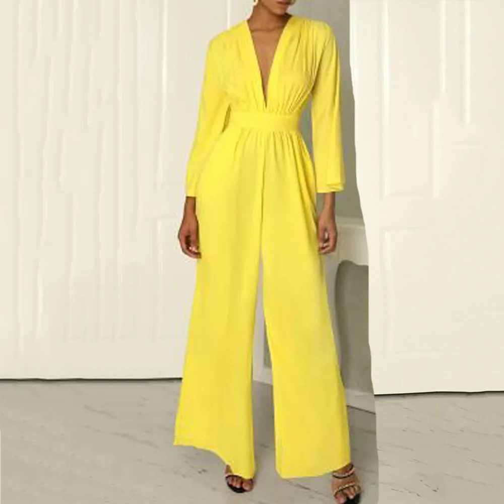 

Woman Clothes Autumn Fashion Long Sleeve Yellow Commuter Temperament Loose Sexy V-neck High Waist Big Flared Trousers Jumpsuit
