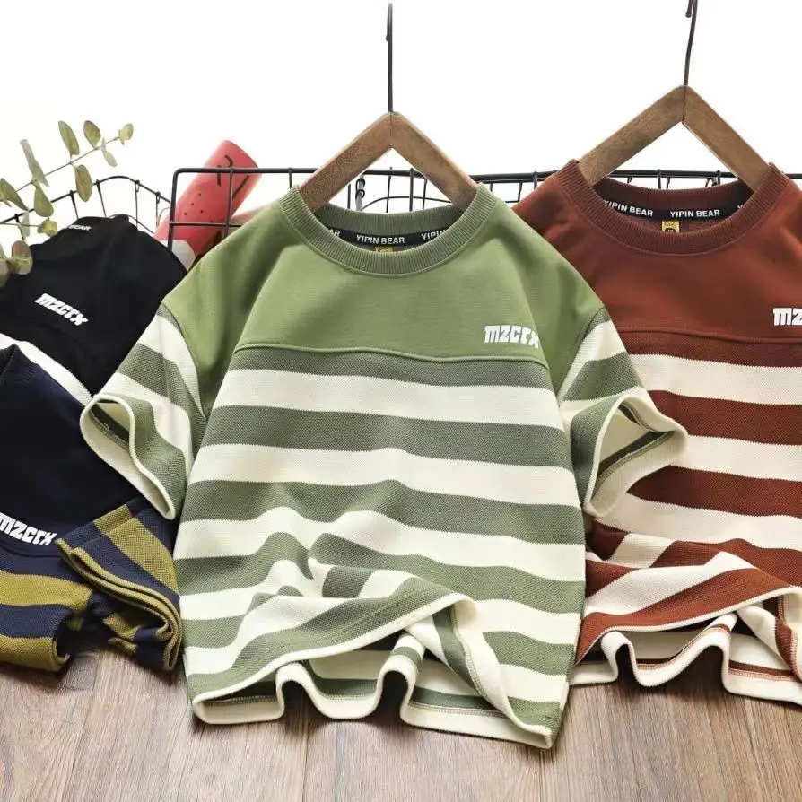 

Boys' Stitching Wide Striped Short Sleeve 2023 Summer Thin Children and Teens' Wear round Neck Breathable T-shirt All-Matching