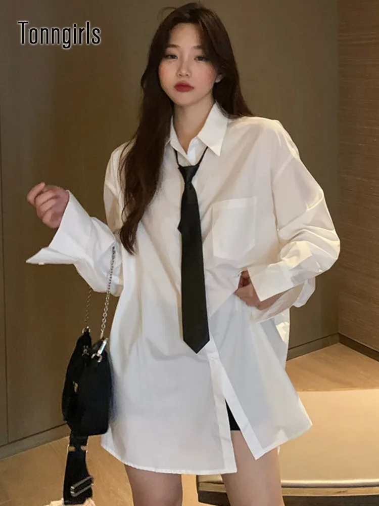 

Tonngirls Gothic T Shirt Women Long Sleeve Jk White Shirt Korean Style Solid Tie Oversize Shirt Blouse Loose Streetwear Tops