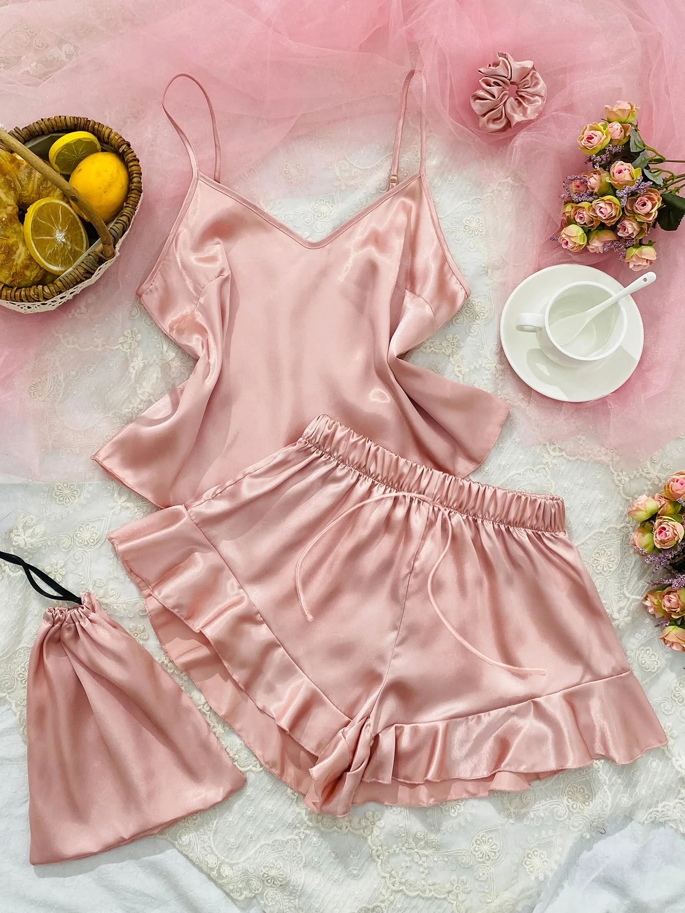 Artificial Silk Camisole Home Wear Three-Piece Set Simple Casual Ice Silk Suspender Shorts Suit Sexy Pajamas Underwear for Women