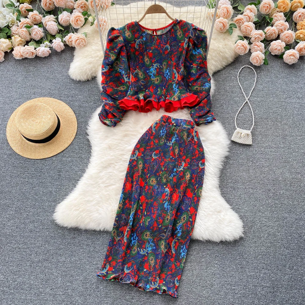 

Women Two Piece Set Vintage Floral Print Puff Sleeve Pullover Tops and Elastic Waist Pleated Skirt Suits Fashion Clothing Sets