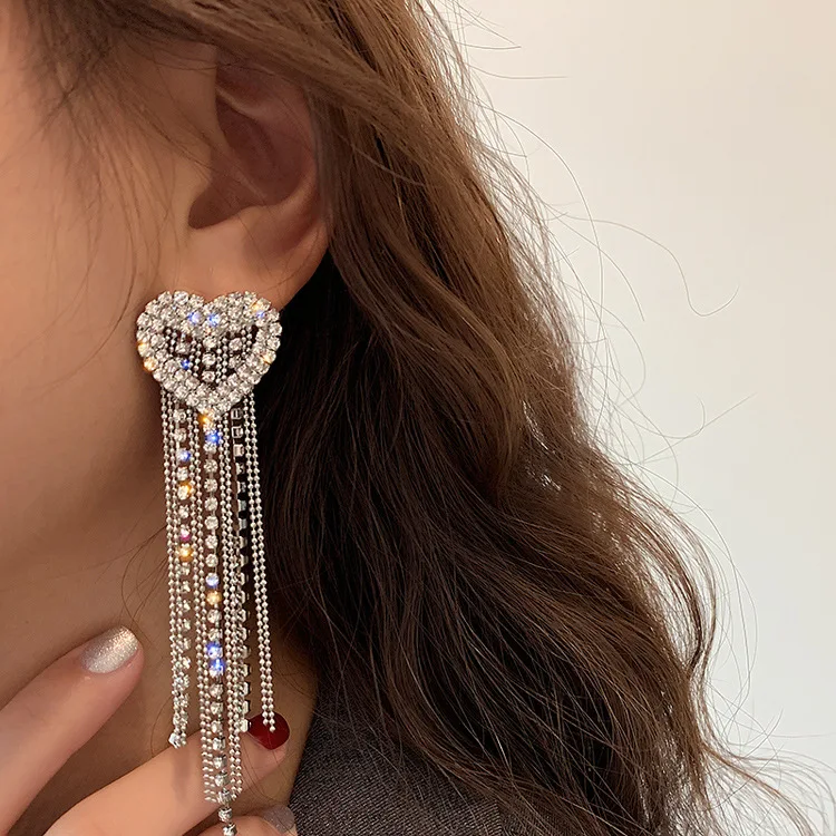 

Korean Temperament Full Crystal Heart Long Tassel Earrings Fashion Trendy Exaggerated Earrings Women