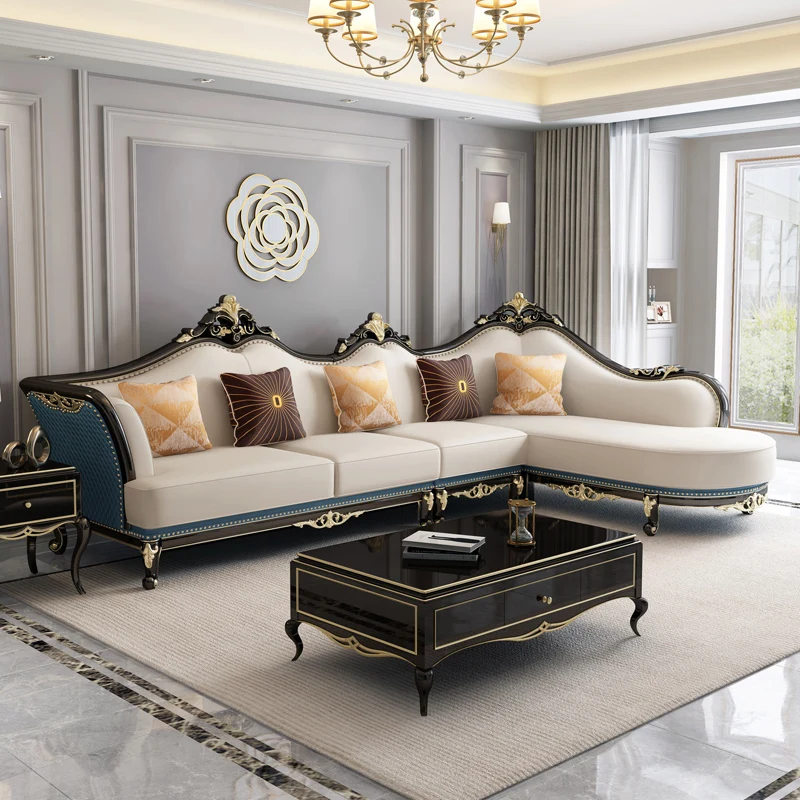 

Solid Wood Sofa European Corner Leather Sofa Living Room Furniture Set American Light Luxury Combination Large and Small Family