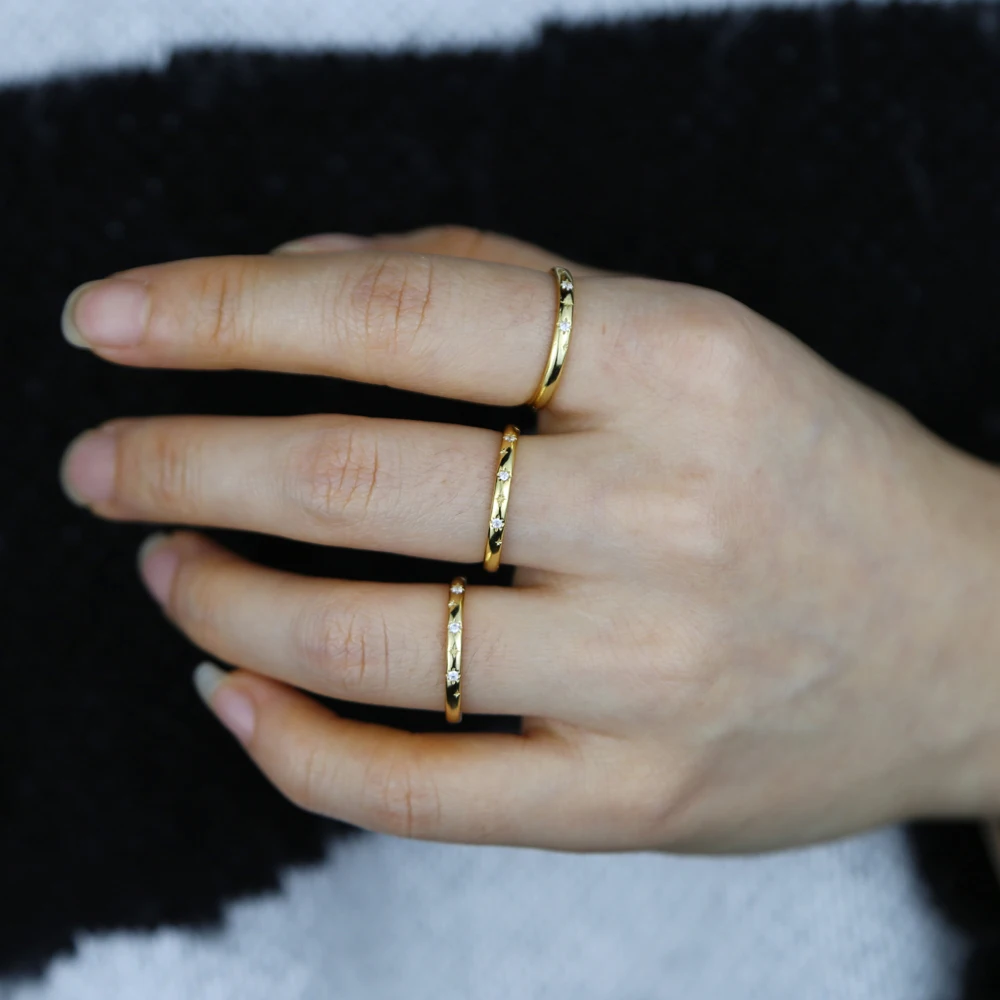 

Fashion Simple single band ring with cz paved gold plated ting finger ring with star engraved Real 925 sterling silver Jewelry