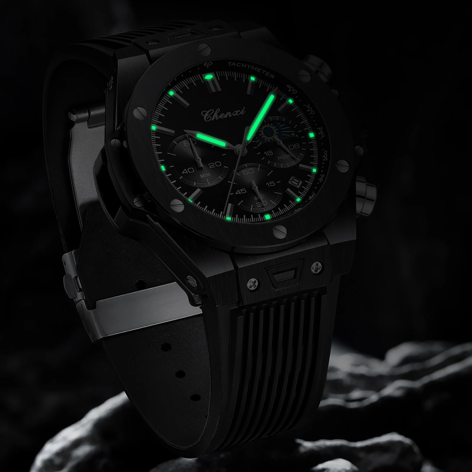 Фото Мужские часы, высококачественные водонепроницаемые спортивные хронографы, кварцевые наручные часы, силиконовый ремешок, календарь, светящиеся часы для мужчин №4