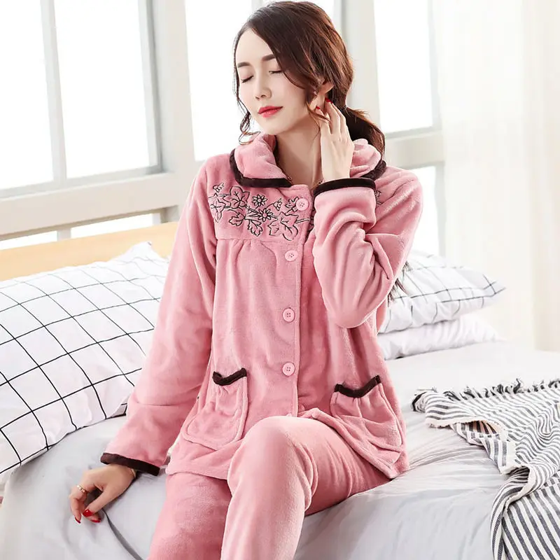 Thick Winter Pajama Women Thick Flannel Pajamas Set Women Long Sleeves Pajamas Pink Homewear Thick Home Suit