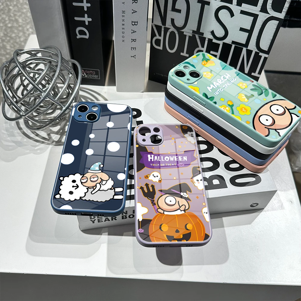 For Iphone 14 INS LOVELY Unsleep Sheep Phone Case Glass 14 13Pro Plus X 13 Pro MAX XR XS MINI Stained Glass Covers images - 6