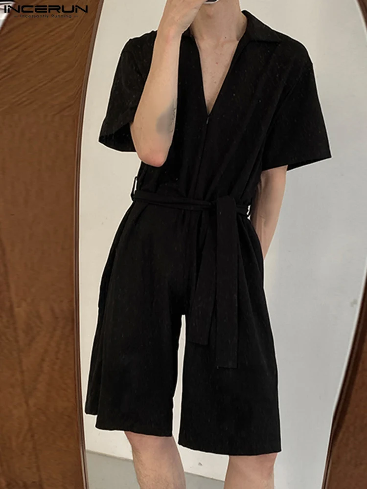 

INCERUN Men Rompers Solid Color V Neck Short Sleeve Zipper Casual Jumpsuits With Belt Streetwear Korean Fashion Men Playsuits