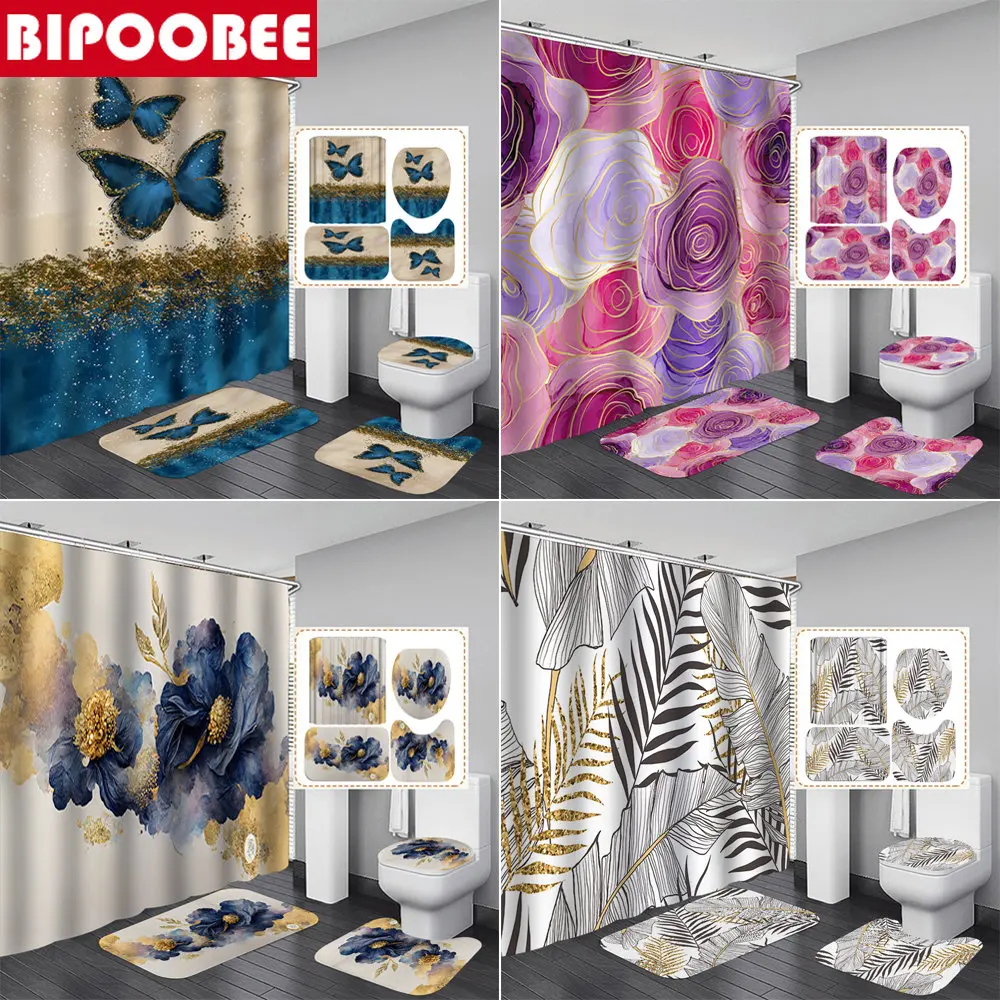 

Butterfly Rose Phnom Penh Print Bathroom Shower Curtain Non-Slip Rugs Bath Mat Toilet Cover Waterproof Polyester Bathroom Decor