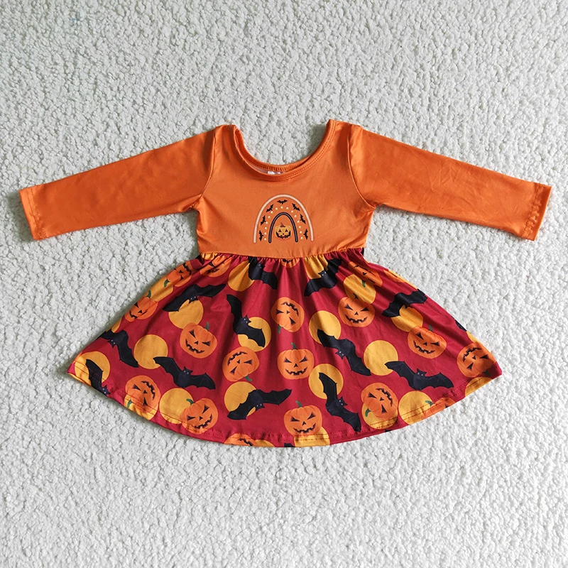 

Baby Girl Halloween Pumpkin Bats Twirl Dress Wholesale Toddler Long Sleeve Children Orange Clothing Kid Horror Holiday Clothes