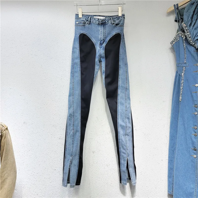

Женские джинсы-карандаш с разрезом, контрастные джинсовые брюки с высокой талией, в уличном стиле, осень 2023
