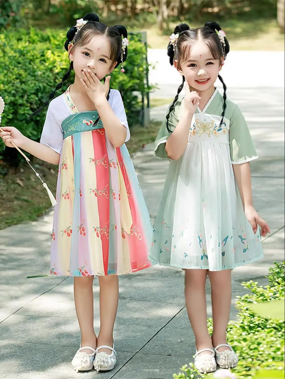 Chinese Folk Dance Hanfu Girls Short Sleeve Children's Costume Dress Girl Flower Chinese Style Child Korean Clothing images - 6