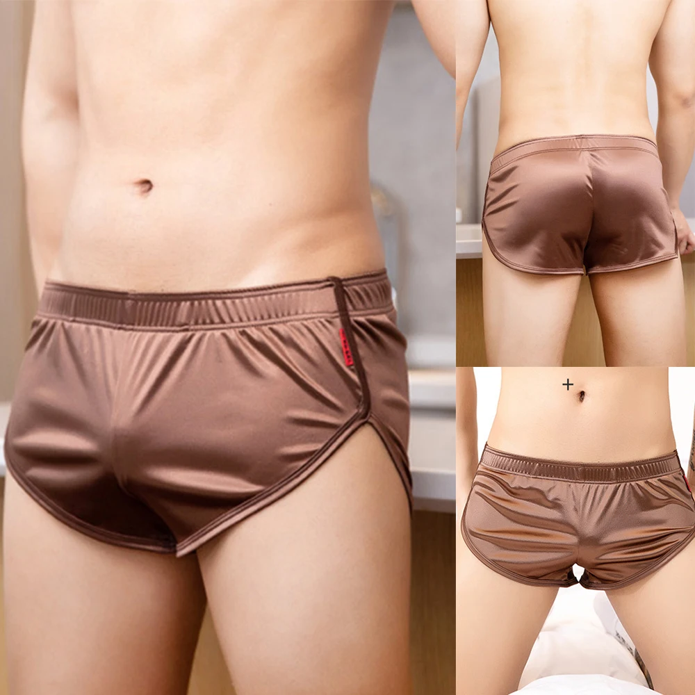 

Men Underpants Summer Breathable Homewear Briefs Soft Smooth Solid Underwear Loose Ice Silk Shorts Sleepwear Low Waist Pants