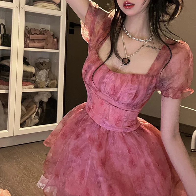 

Платье-мини кружевное розовое в цветочек, для девочек