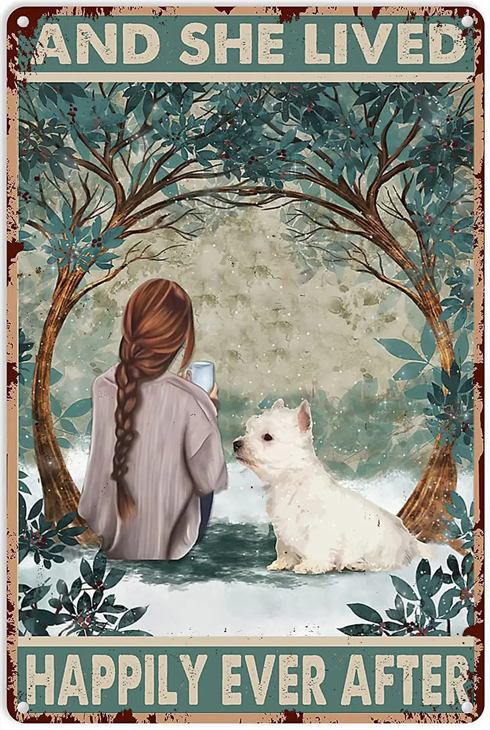 

Винтажный жестяной настенный Декор Девушка и собака и она жила винтажный знак для дома улицы фермерский Кофейни 12x8 дюймов