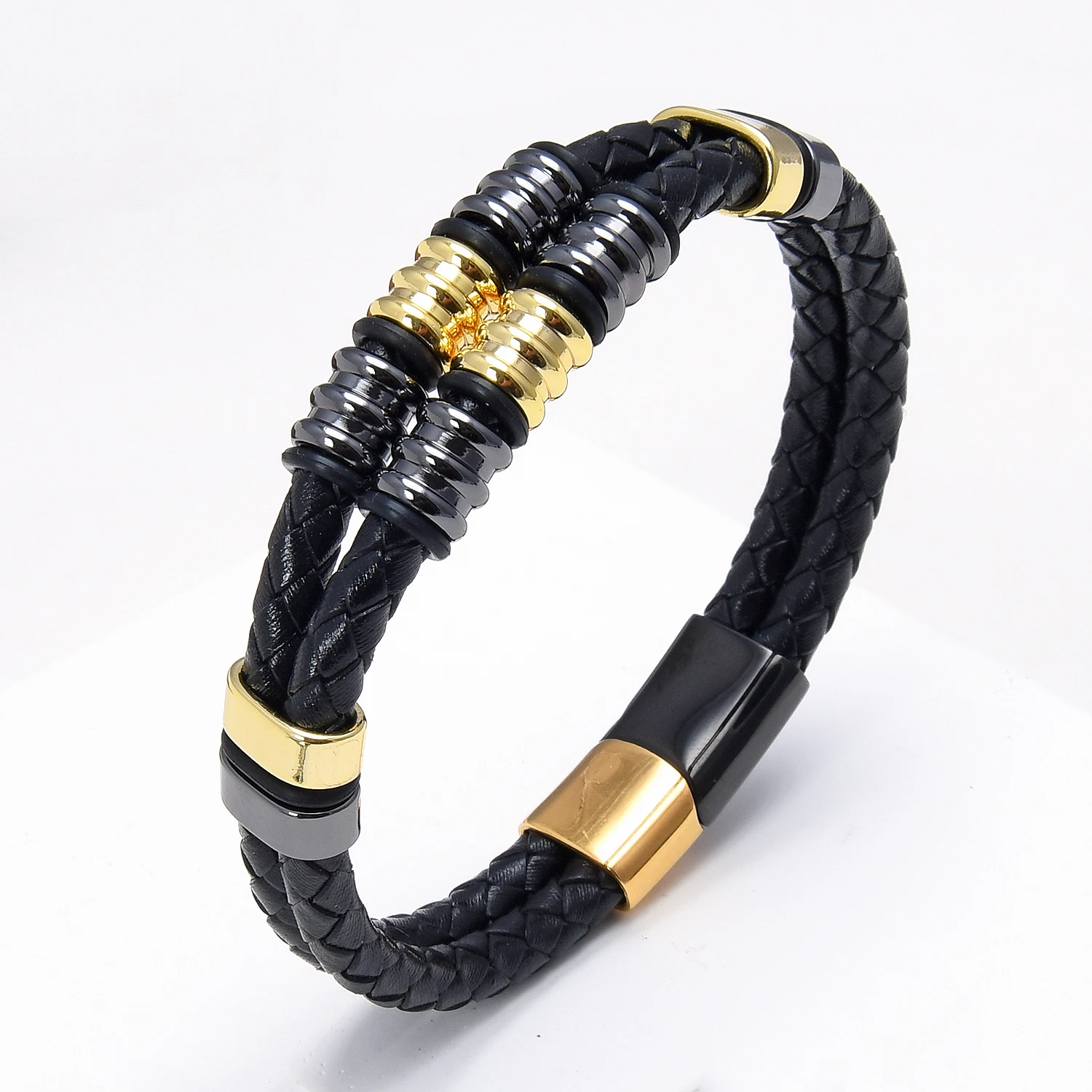 

Simple Vogue Genuine Leather Bracelet Men Stainless Steel Circle Braid Black Leather Bangles For Male Female Jewelry