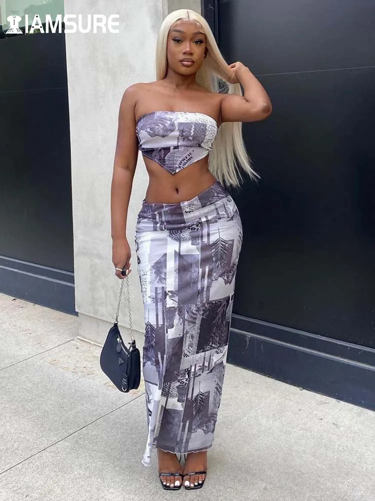 

IAMSURE Clubwear Printed Dresss Set Women 2022 Sexy Slim 2 Piece Sets Slash Neck Cropped Tube Top Low Waisted Maxi Skirts Lady