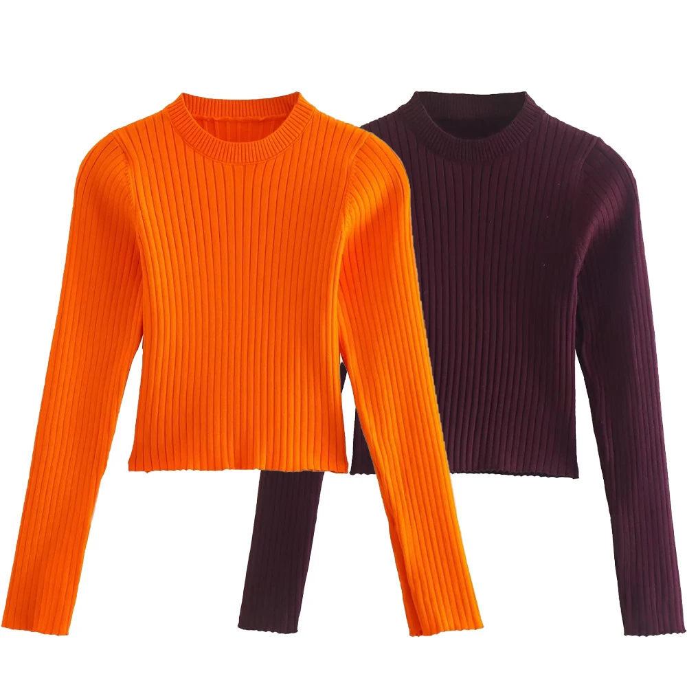 

NORPOJIN Orange Sweater Crop Pullover Tops Ribbed Sweater Women Long Slit Sleeves Jumpers Y2K Women's Clothing