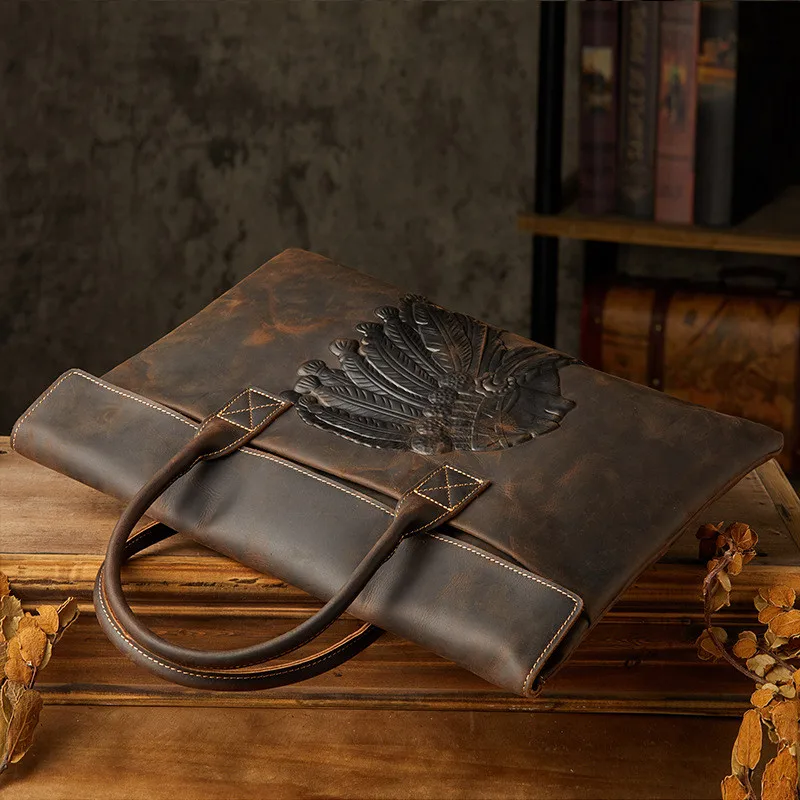 Retro Fashion Designer Top Crazy Horse cowhide Men's Handbag Daily Outdoor Office Lawyer Real leather 17 Inch Briefcase teenager