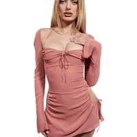cydnee boozrey spring fall sexy pink hollow out party boycon dresses long sleeve halter low cut holiday mini dress