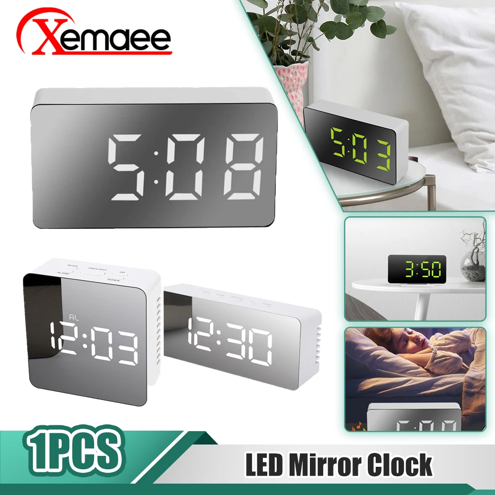 

Mirror Digital Alarm Clock LED Display Snooze Wake Silent Calendar Temperature Desktop Dimmable Electronic Desk Clock Home Decor