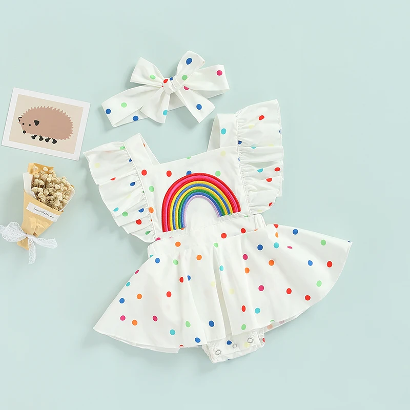 

0-24M 2pcs Baby Girls Summer Romper Dress Cute Rainbow Dots Printed Ruffle Short Sleeve Backless JUmpsuits Clothing