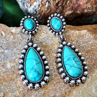 boho style antique silver color green oval natural stone dangle earrings for women female party wholesale jewelry
