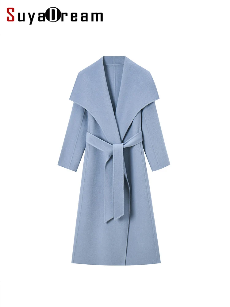 

SuyaDream Handmade Women 100%Sheep Wool Coat, Belted, Elegant Long Wool Blend, 2023 Fall Winter New Solid Outwear, Light Blue