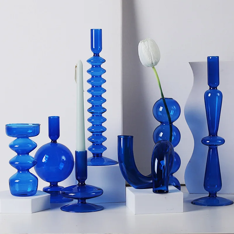 luxury Glass Candle Holder Home Decor Vase Wedding Decoration Nordic Home  Candlestick Dining Table Vase Blue Container