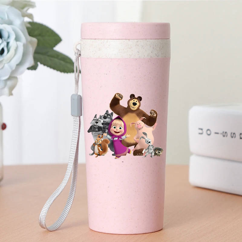 Кружка для воды 350 мл с персонажами из мультфильма «Маша и Медведи», стеклянная, с кристальными наклейками, портативная, для студентов, милый дизайн, подарок для детей (art.: 3920da32530bb) - 3920da32530bb