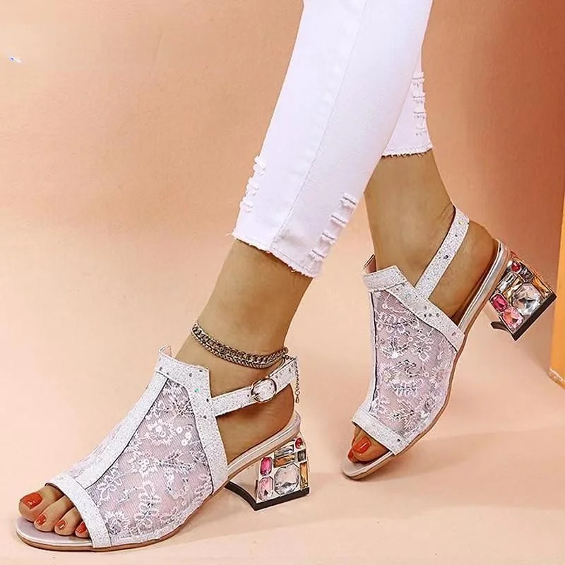 

Women Summer Fashion Mid Heels Peep Toe Shoes for 2023 New Women Glitter Sandals Ladies Buckle Strap Bling Rhinestone Sandals