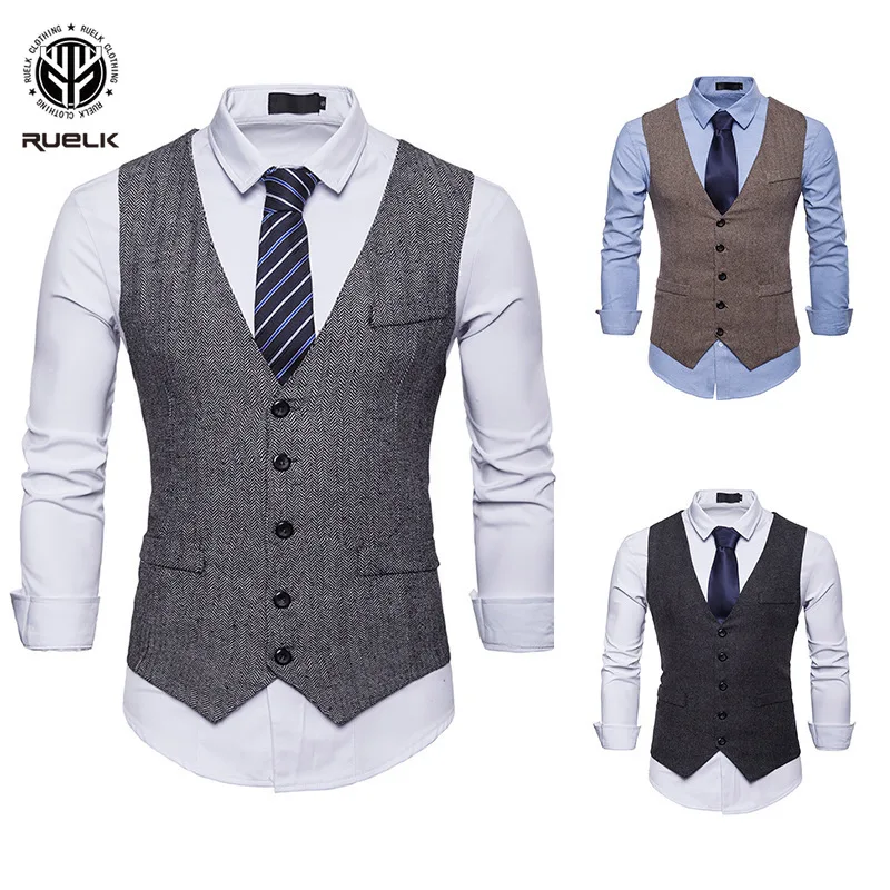 

Men's Suit Vest Spring and Autumn New Herringbone Woolen Single-breasted Vest Men's Korean Version of The Slim Solid Color Vest