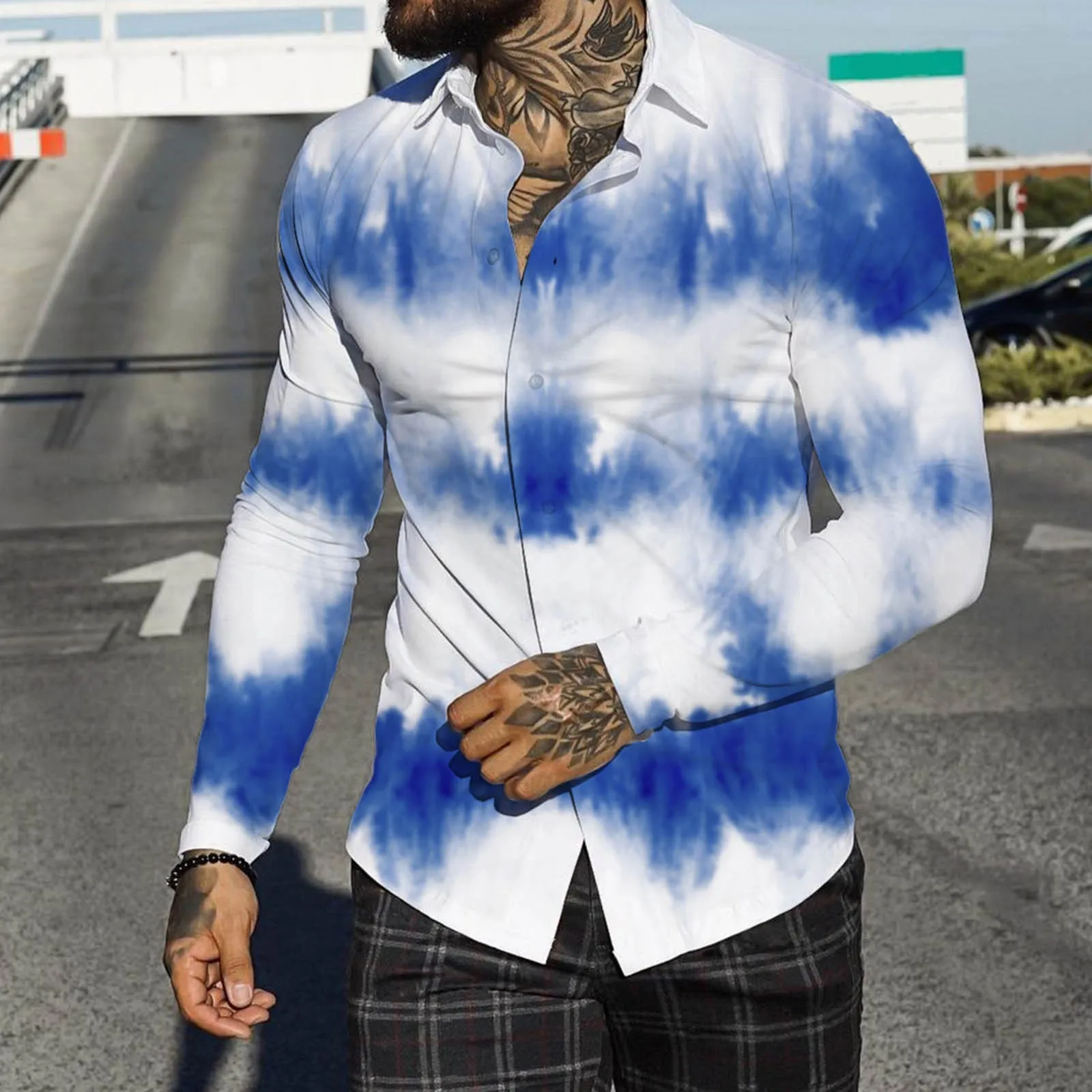 

Men Small Shirt Men Autumn Winter Single Breasted Casual Lapel Full Print Beach Long Sleeve Vacation Blue Sport Pearl Snap Shirt